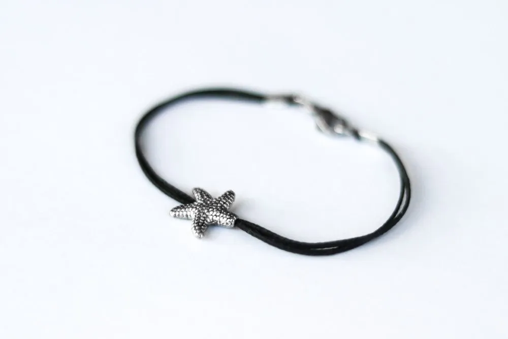 Starfish bracelet, black string bracelet with a silver sea star bead charm, summer stack jewelry, beach bracelet, coastal, girl gift for her