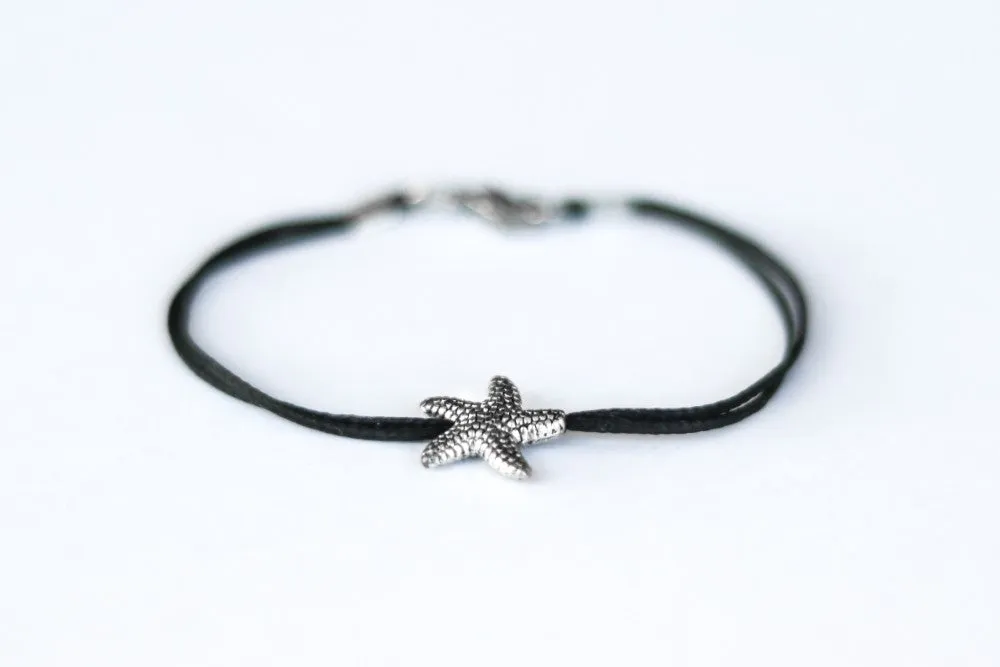 Starfish bracelet, black string bracelet with a silver sea star bead charm, summer stack jewelry, beach bracelet, coastal, girl gift for her