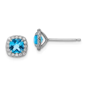 Sterling Silver Cushion Blue Topaz & Created White Sapphire Halo Earrings