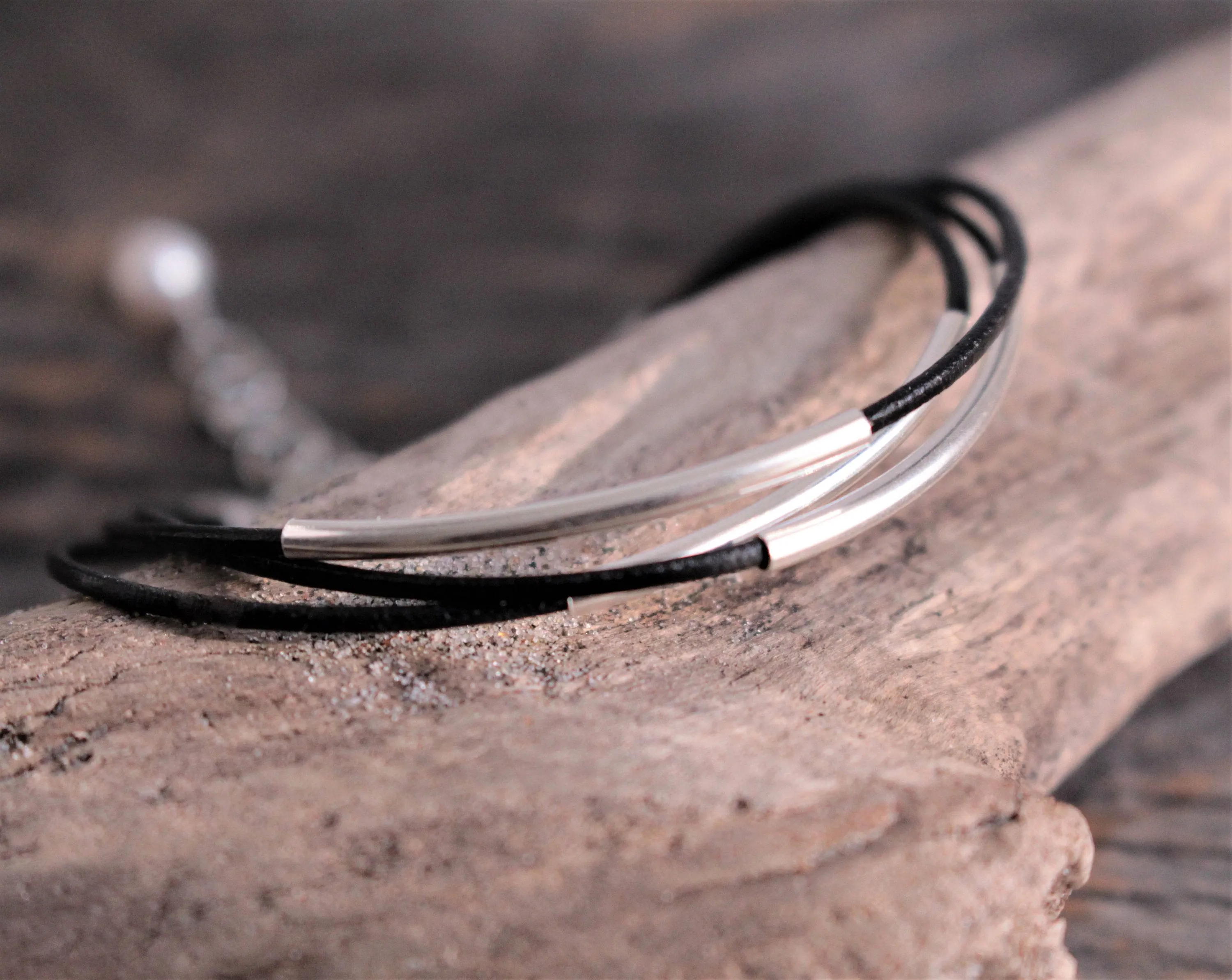 Sterling Silver Floating Tube & Black Greek Leather Bracelet