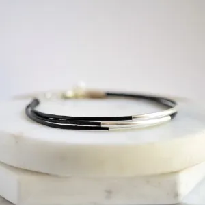 Sterling Silver Floating Tube & Black Greek Leather Bracelet