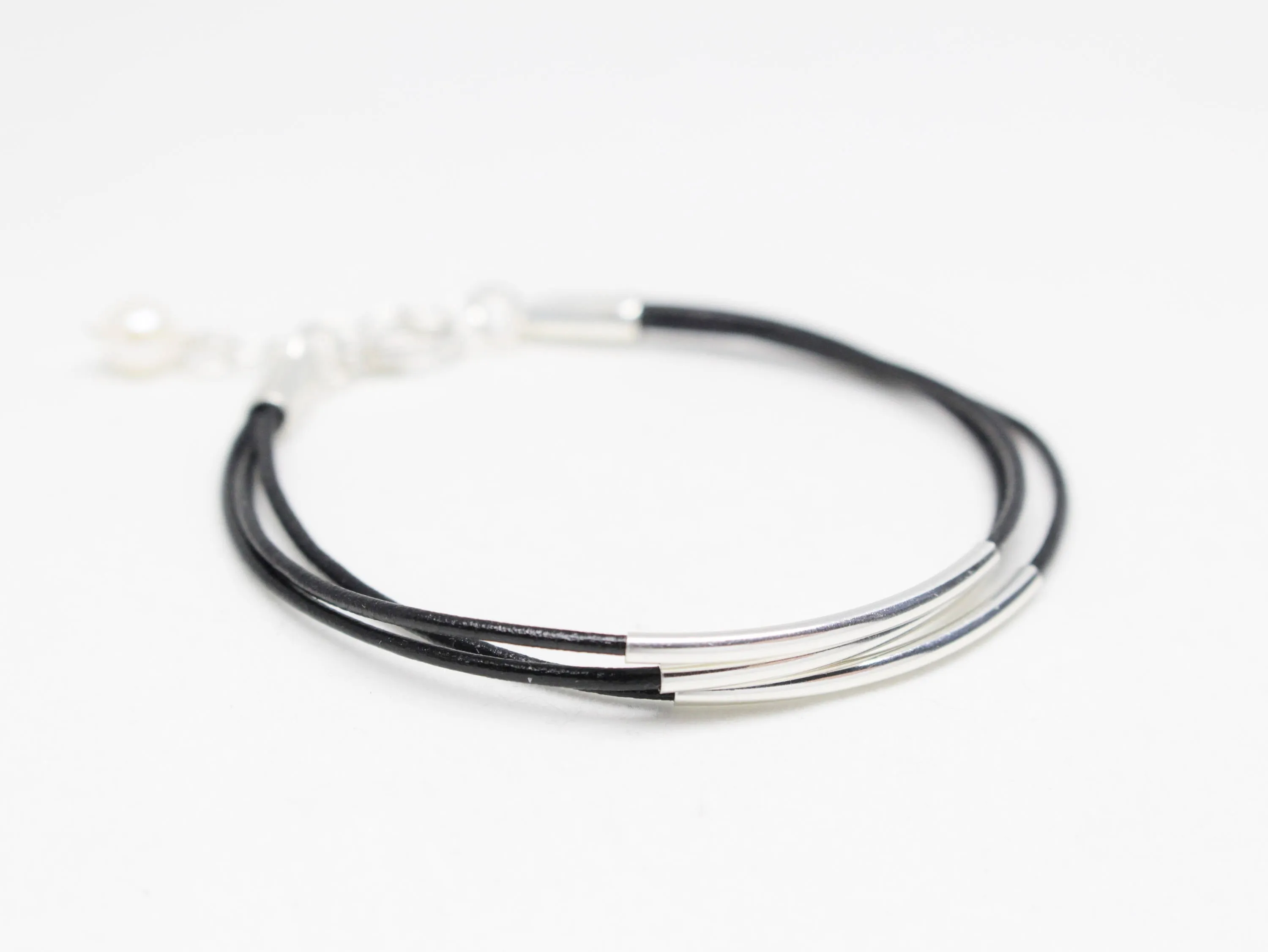 Sterling Silver Floating Tube & Black Greek Leather Bracelet