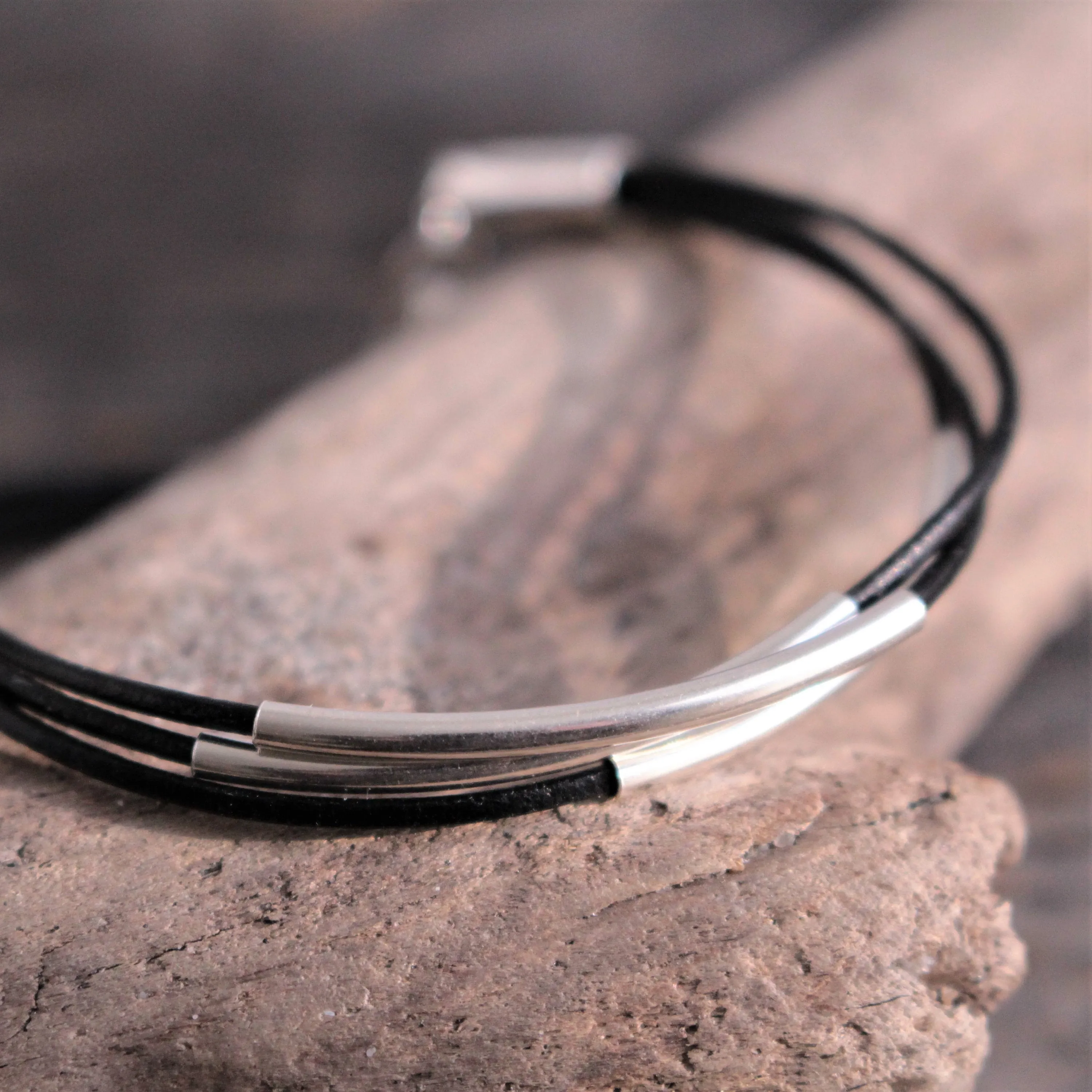 Sterling Silver Floating Tube & Black Greek Leather Bracelet