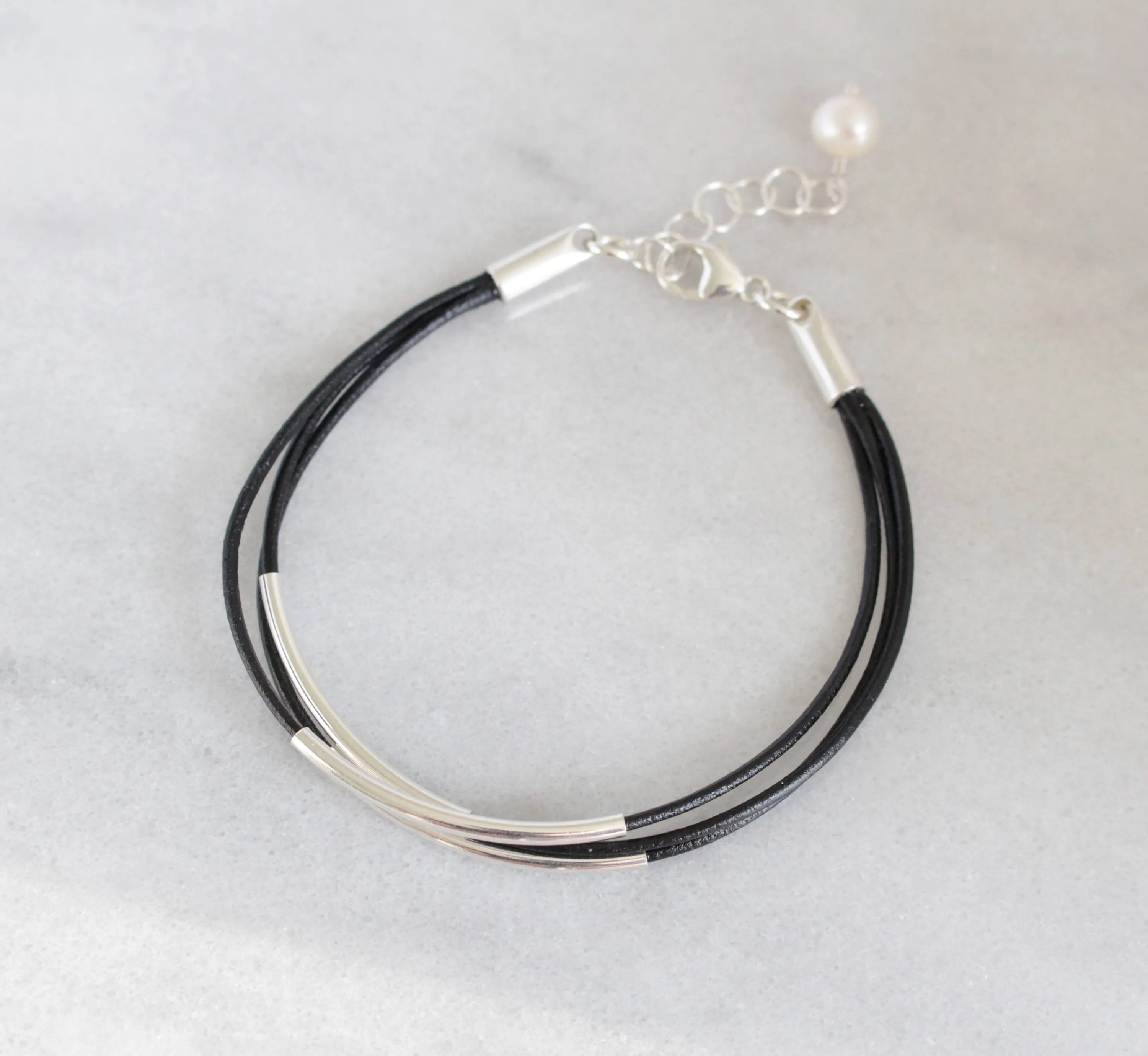 Sterling Silver Floating Tube & Black Greek Leather Bracelet