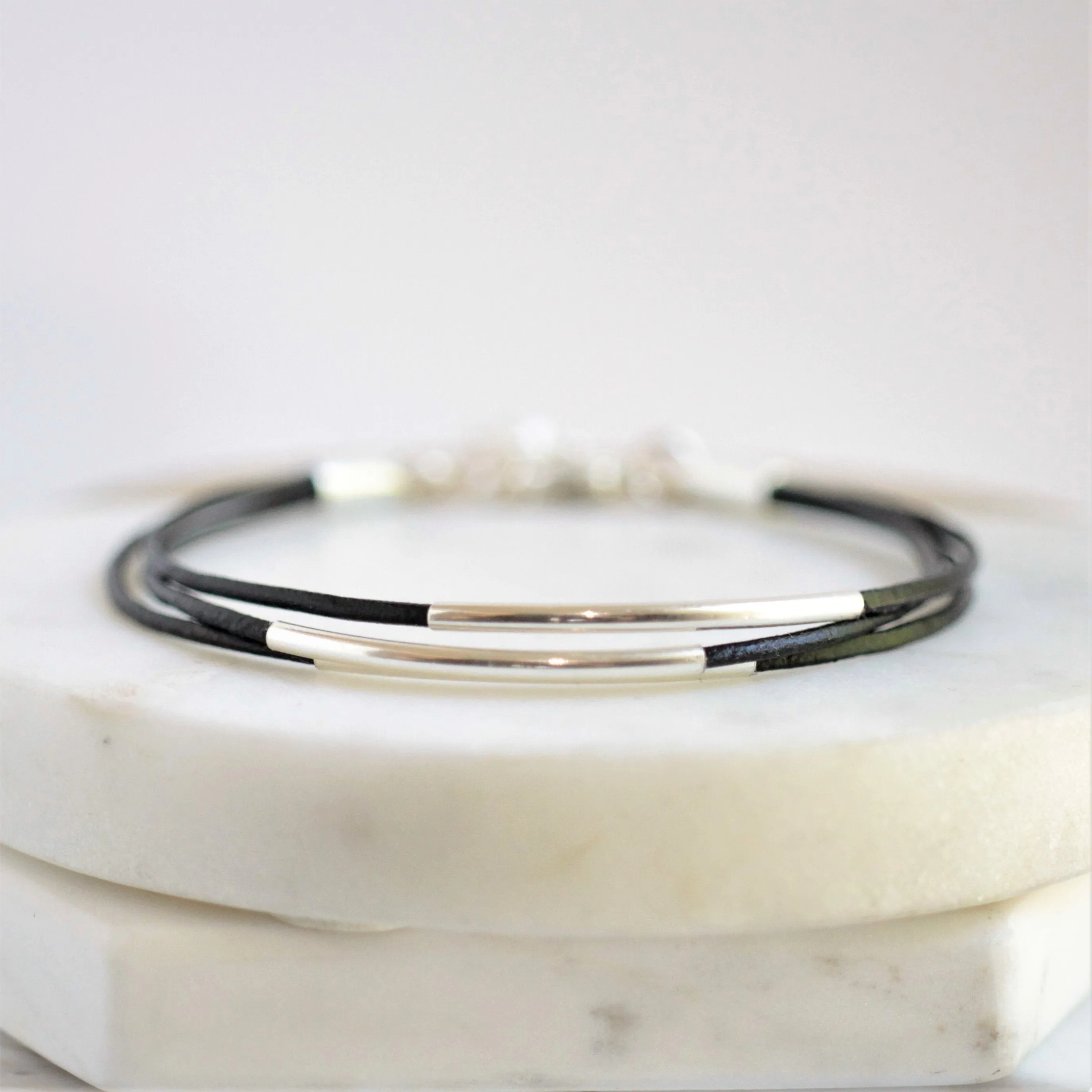 Sterling Silver Floating Tube & Black Greek Leather Bracelet