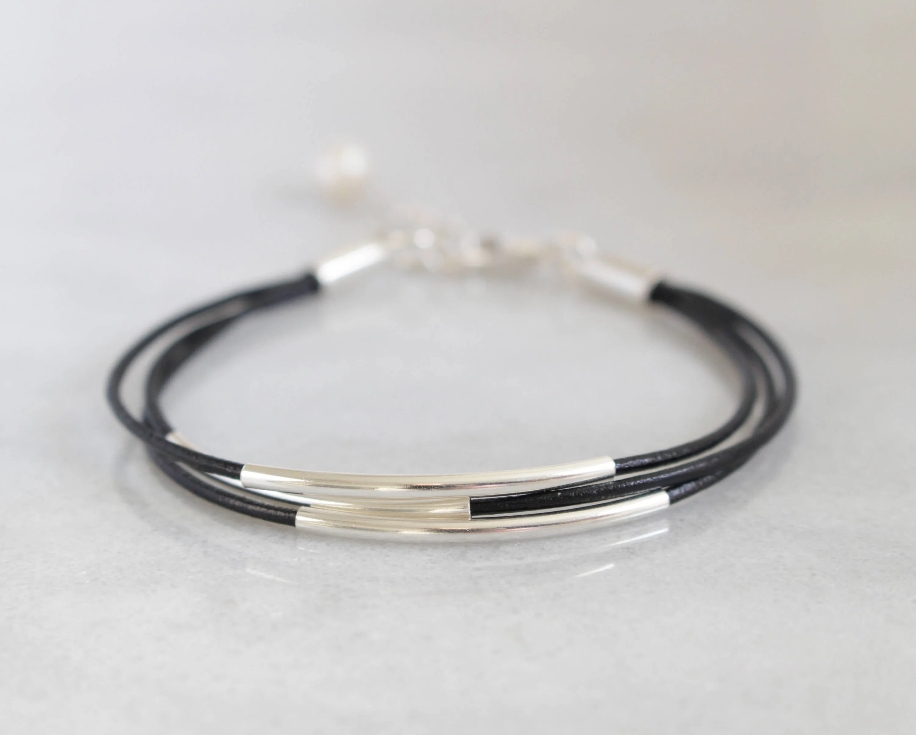 Sterling Silver Floating Tube & Black Greek Leather Bracelet