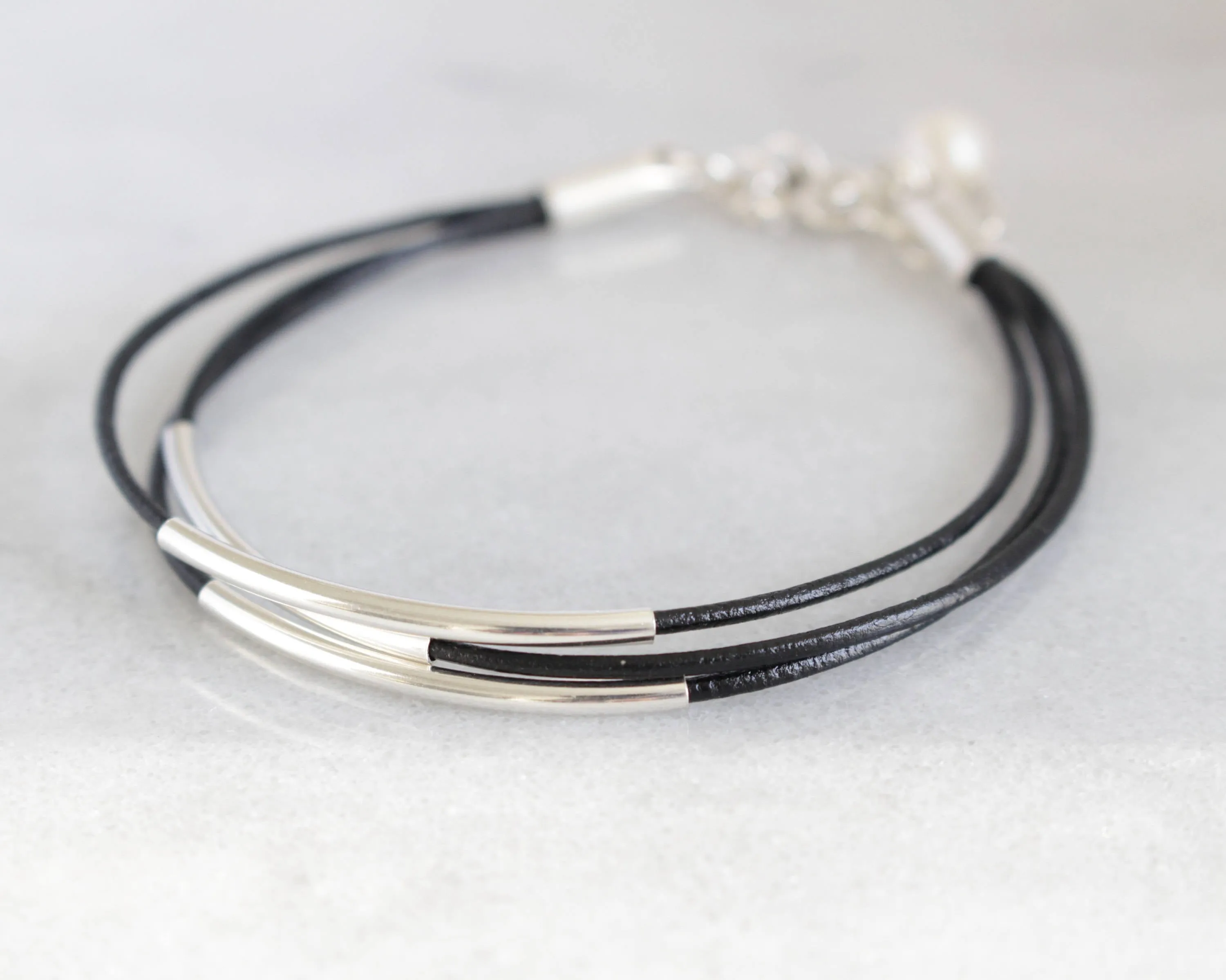 Sterling Silver Floating Tube & Black Greek Leather Bracelet