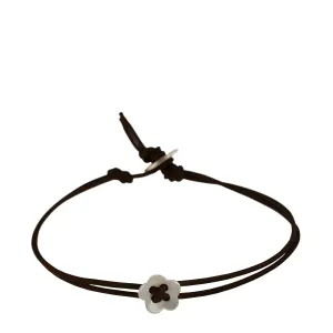 Sterling Silver Small Single Flower Bracelet on Black Leather