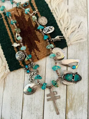 Vintage Old Pawn Navajo Turquoise & Sterling Silver Beaded Charm Necklace