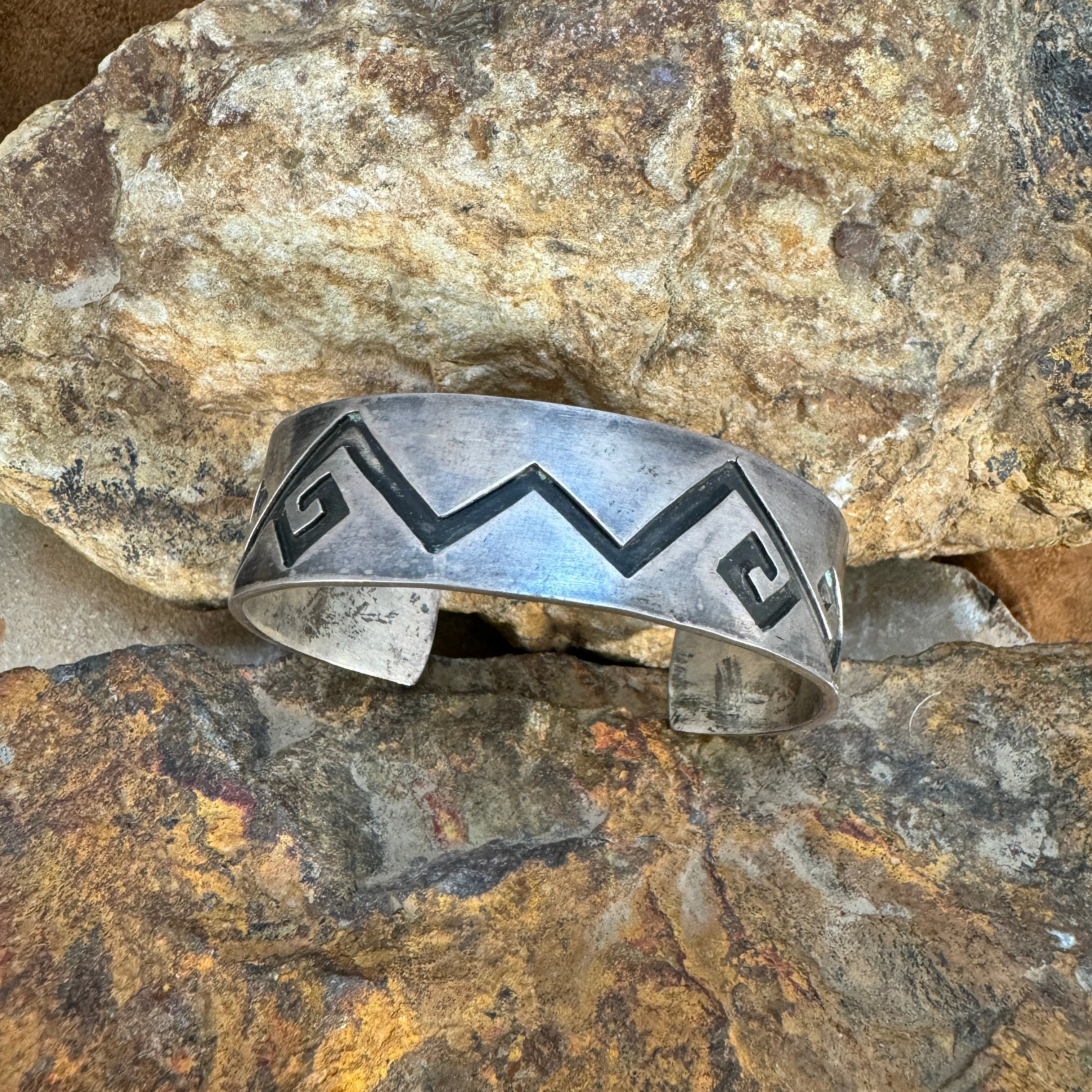 Vintage "whirling logs" Hopi Overlay Silver Cuff Bracelet - Estate Jewelry