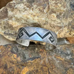 Vintage "whirling logs" Hopi Overlay Silver Cuff Bracelet - Estate Jewelry