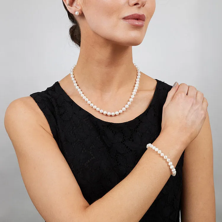 Women's AA Grade 7mm White Freshwater Pearl Necklace Bracelet and Earrings Set