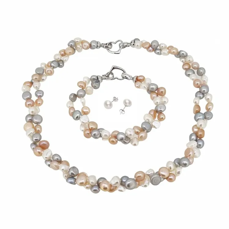 Women's Natural Freshwater Pearl Necklace Bracelet and Earrings Set