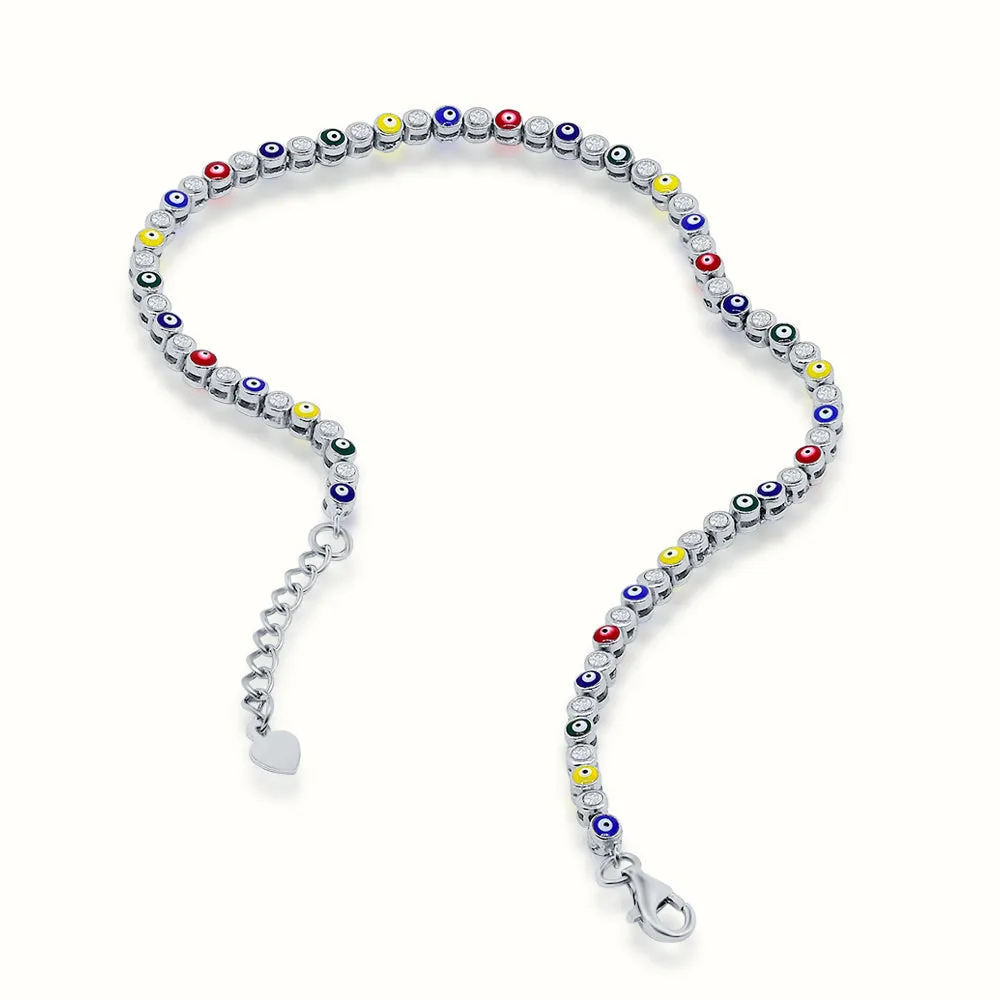 Women's Silver Diamond Multi Color Evil Eye Anklet