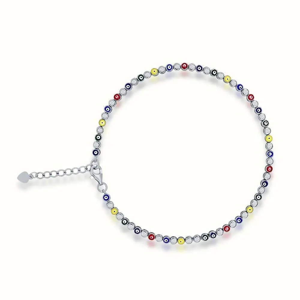 Women's Silver Diamond Multi Color Evil Eye Anklet