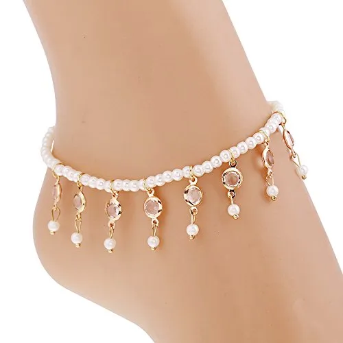 Yellow Chimes Latest Fashion Crystal Tassels Peal String 2 PC Stretchable Anklet for Women and Girls